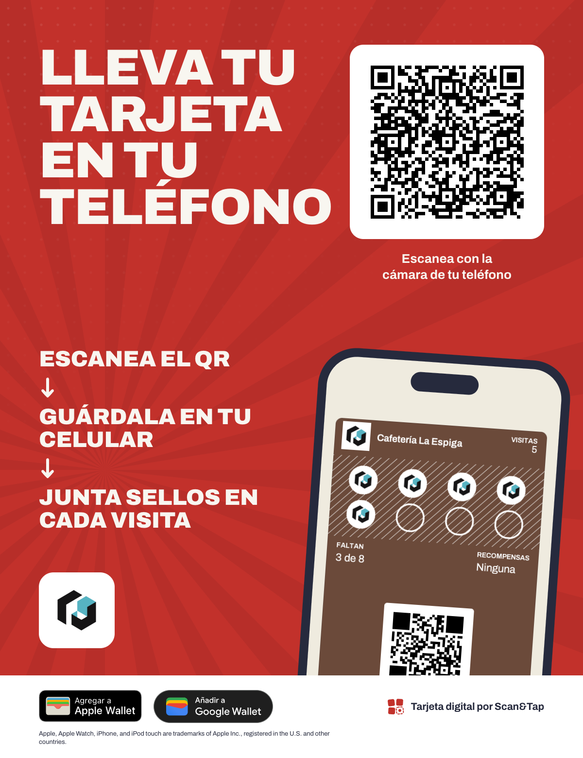 El póster de mostrador, generado para un negocio de ejemplo, con su QR